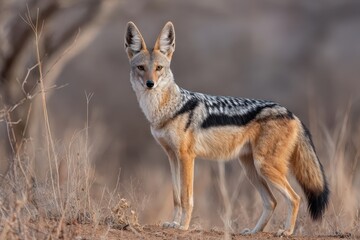Fototapeta premium Solitary Black-backed Jackal Standing Alertly in African Savanna Habitat