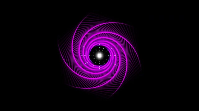Seamless loop of a geometric hexagonal tunnel twisting in a double helix structure. Procedural wireframe visuals with high-speed fluorescent streaks representing metric expansion or warp travel