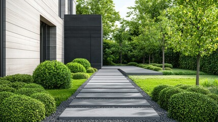 Fototapeta premium A modern, minimalist garden with a black wall and greenery.