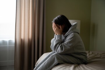 sadness and people concept - sad girl sitting on bed at home