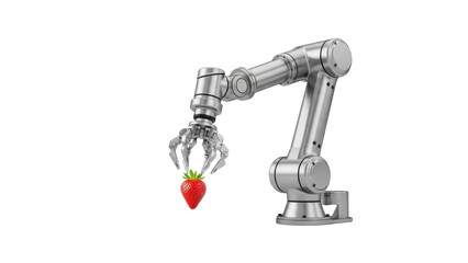 A robotic arm holding a strawberry on transparent background