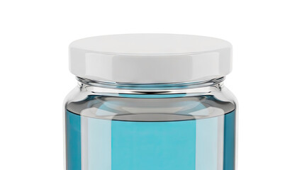 Glass vial with blue liquid and white cap