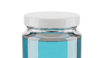 Glass vial with blue liquid and white cap
