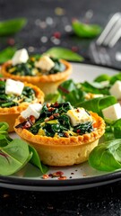 A plate of mini savory tarts filled with greens and cheese on a dark background