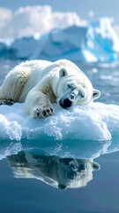 A polar bear rests on a melting ice floe in the Arctic ocean