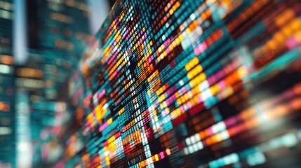 A vibrant, abstract cityscape with colorful digital patterns and blurred skyscrapers in the background, bnv (70) reference