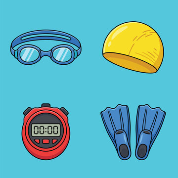 Swimming gear collection with goggles, cap, stopwatch, and fins.