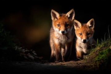 Two adorable young fox kits with curious eyes peeking out from a dark forest setting
