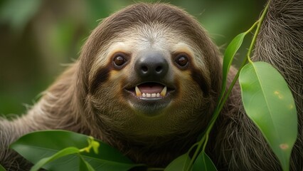 Fototapeta premium Smiling Three-Toed Sloth Close-Up in Green Jungle Foliage