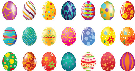 Colorful vector illustration of decorated Easter eggs in various colors and designs on a light background.