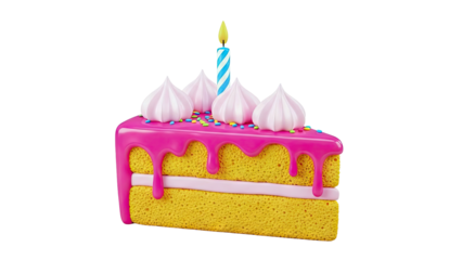 Slice of pink frosted cake with candle and meringue