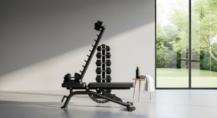 Adjustable weight bench with rack of dumbbells situated in a bright room overlooking a garden scene