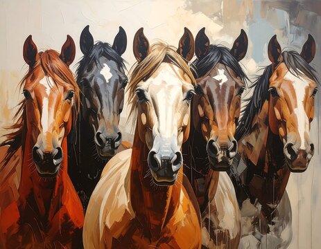 Five majestic horses in a row, looking forward, with varying colors and painted style