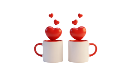 Two white mugs with red hearts and handles, symbolizing love and togetherness on a white background
