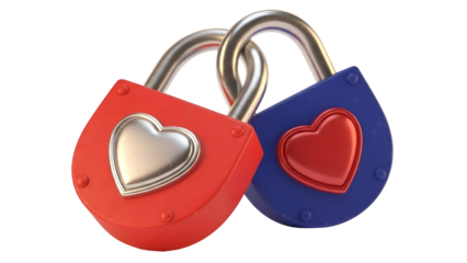 Two Heart-Shaped Padsocks with Silver and Red Hearts on White