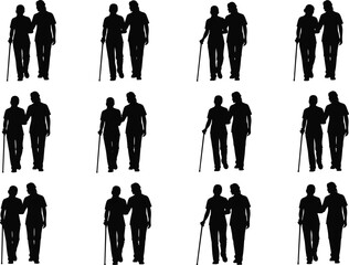 Elderly couple walking silhouette vector set showing senior people together with canes, symbolizing old age, companionship, retirement, and healthy senior lifestyle.