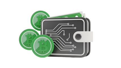 Digital Wallet with Circuit Board Design and Cryptocurrency Coins