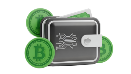 Bitcoin wallet with cryptocurrency and circuit design, digital finance concept
