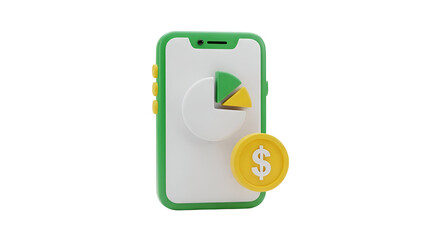 Green smartphone with pie chart and dollar coin, financial data on mobile device