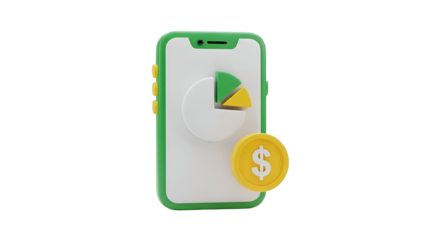 Green smartphone with pie chart and dollar coin, financial data on mobile device