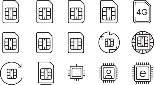 SIM card and microchip icons in minimalist line art style with simple black lines on white background for mobile technology