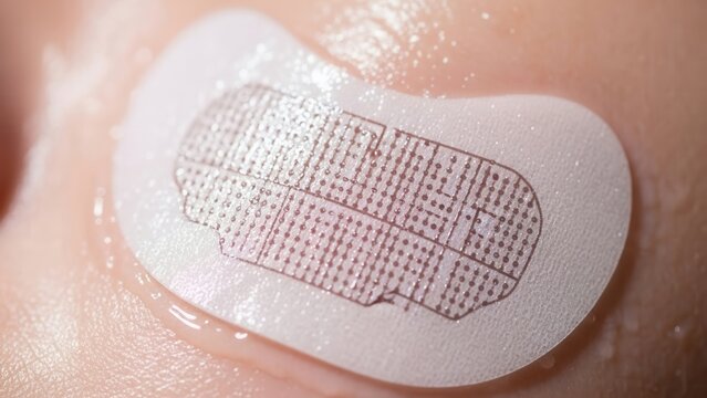 A close-up view of a modern skin patch applied to smooth skin highlighting its unique texture and design for healing purposes