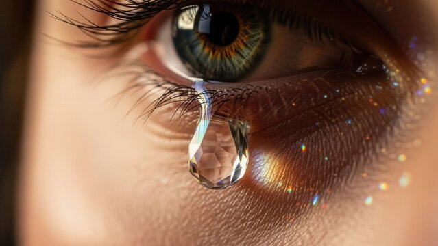 A close-up of a tear dropping from a person's eye reflecting a spectrum of colors in soft, natural light