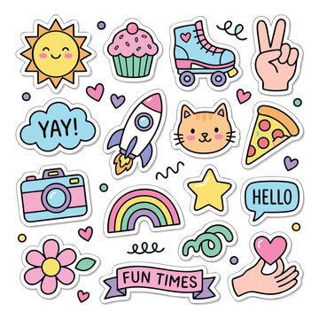 Collection of colorful cute doodle stickers with various fun elements.