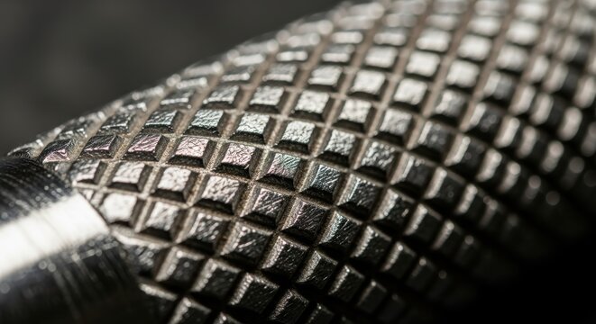 Metallic surface exhibits detailed diamond knurling texture under extreme close up