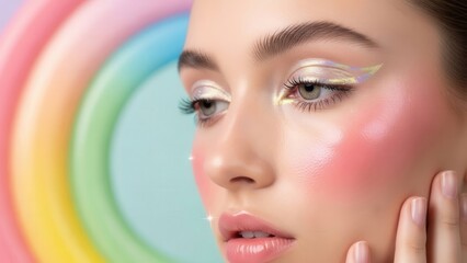 Naklejka premium A close-up portrait of a young woman with vibrant makeup highlighting her features against a colorful rainbow background