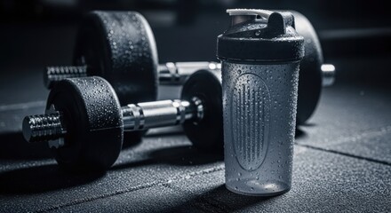 Pair of weights and a translucent container covered in moisture rests on a textured floor