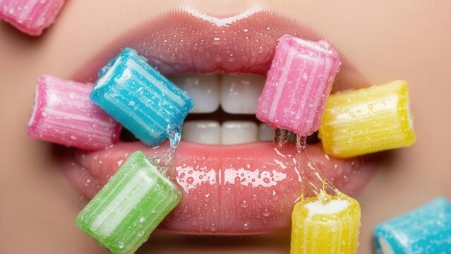 A close-up of luscious lips adorned with colorful candy, creating a playful and whimsical expression that evokes a sense of sweetness and fun.