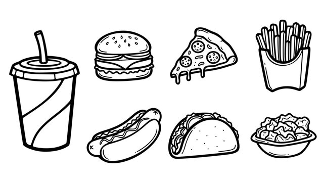 Fast Food Icon Set with Burger Pizza Fries Hot Dog Taco and Soda Line Art