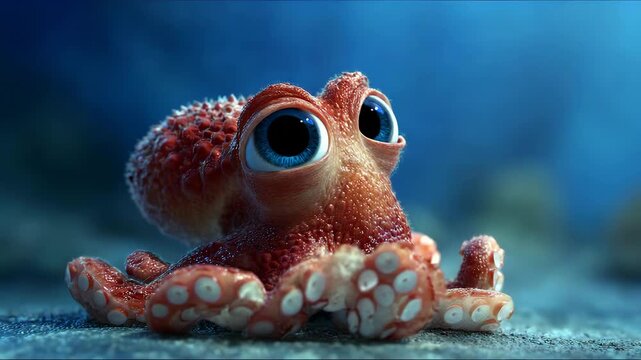 Adorable Red Cartoon Octopus Character Sitting on Ocean Floor