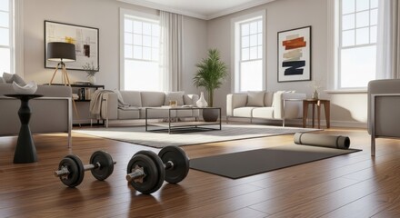 Adjustable free weights and exercise mat rest on a polished wood floor inside a contemporary living room.