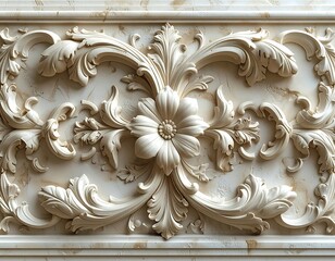 Elaborate floral relief carving in marble with swirling leaves
