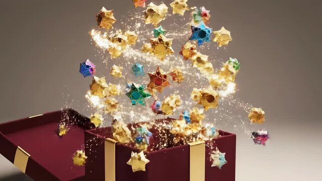 Colorful Stars Exploding from Gift Box with Glittering Sparkles