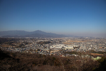 Panoramic Aerial View of a Japanese City with Blue Sky and Mountains