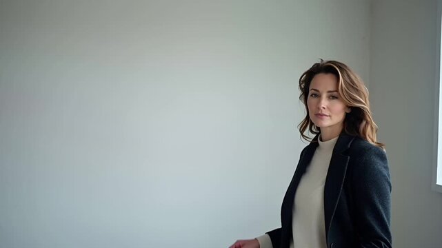 冬の静かな室内で、白人女性が右端に立ち、広い余白を確保した構図。
曇り空の窓光が低コントラストで落ち着いた空間を演出。