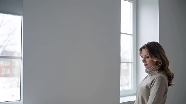 冬の静かな室内で、白人女性が右端に立ち、広い余白を確保した構図。
曇り空の窓光が低コントラストで落ち着いた空間を演出。