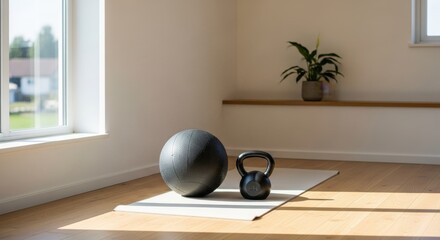 Obraz premium Exercise equipment sits on a mat on a bright wooden floor near a window.