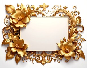 Elaborate golden floral frame with blank white center for text or image, elegant style