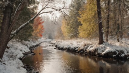 A tranquil winter stream meanders through a snowy forest, with vibrant fall colors clinging to the trees