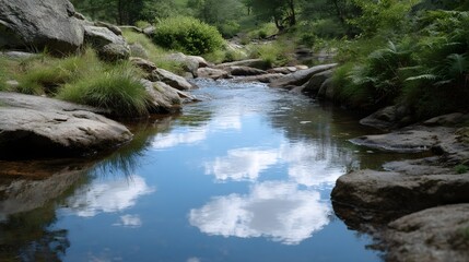 Fototapeta premium A serene stream flows through a rocky landscape reflecting the blue sky and white clouds