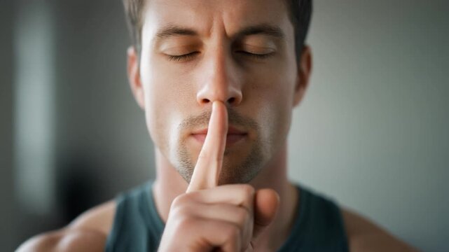 The Power of Silence. Fitness Resolutions - Mindful Fitness &ndash; Wellness, Balance & Calm. A man placing a finger gently over his lips in a gesture of silence and concentration eyes closed .
