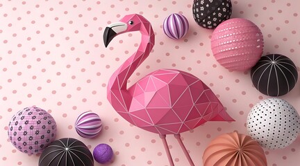 Paper flamingo and intricately decorated easter eggs on a pink background