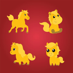Fototapeta premium Cute Golden Cartoon Ponies Character Set