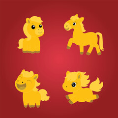 Naklejka premium Adorable Golden Cartoon Ponies Illustrator Set
