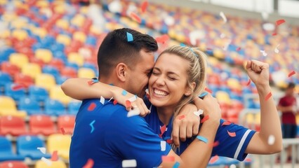 Fototapeta premium A young couple shares a joyful hug amidst falling confetti in the stadium stands. This heartwarming scene captures authentic celebration and the bond of shared interests.