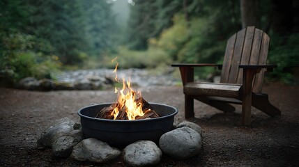 A rustic wooden chair sits beside a warm campfire in a serene forest clearing by a stream